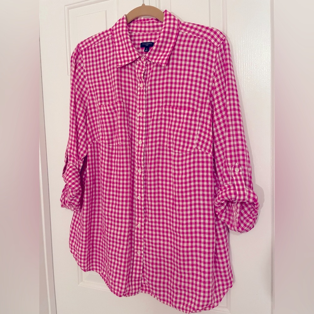 Talbots linen button down shirt. Size 1X fuchsia pink and white check
